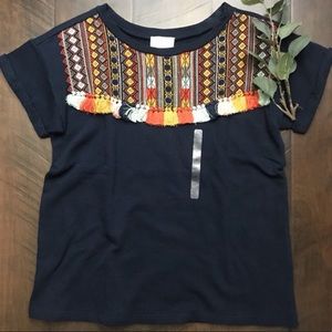 Loft Lounge Navy Embroidered Aztec T Shirt